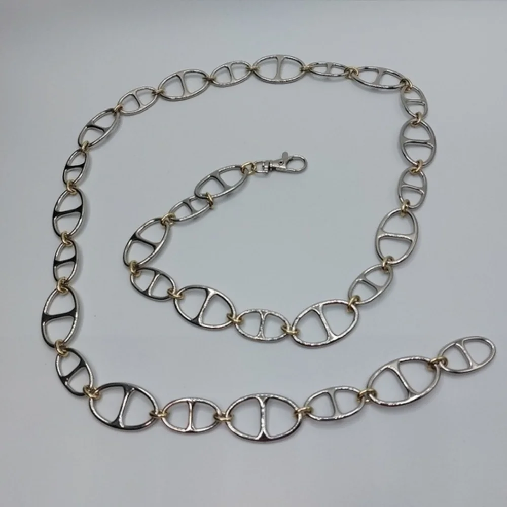 Women's Gold Silver Two Tone Mariner Chain Metal Belt 43 Inches Long - Picture 2 of 5